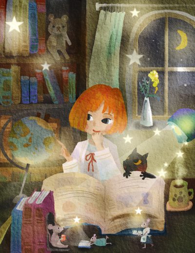 魔女の女の子と黒猫が読書をして世界地図で国を探している。その周りではネズミの親子が星明りで読書しているイラスト