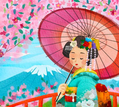 富士山、桜と着物の女性のイラスト