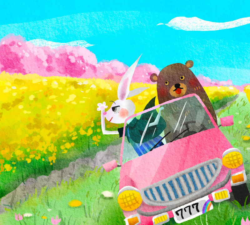 ウサギとクマがドライブして菜の花と桜を満喫するイラスト