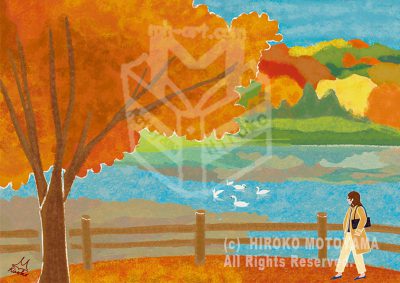 秋,四季,カレンダー,風景,景色,湖,公園,表紙,旅,秋景色,カバーイラスト,家族,白鳥,紅葉,旅