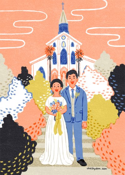 イラスト 風景 長崎 夫婦 結婚式 教会