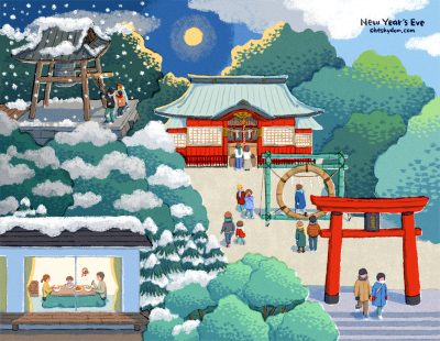 イラスト 日本 大晦日 神社 寺 人々 除夜の鐘 茅の輪くぐり 行事