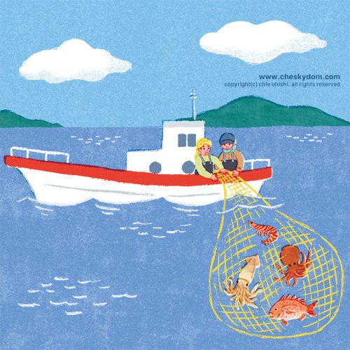 イラスト 漁 漁船 漁師 網 魚