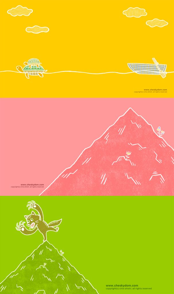 イラスト 線画 シンプル キャラクター カメ オオカミ 山 ボート