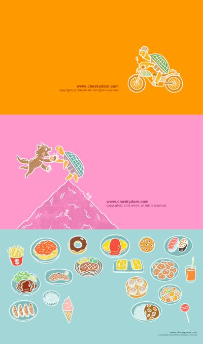 イラスト 線画 シンプル キャラクター 食べ物 料理 カメ オオカミ バイク 山