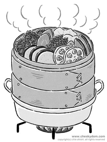 イラスト 線画 シンプル 調理 料理 せいろ 蒸し料理 野菜 食べ物