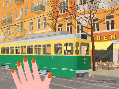 イラスト 風景 外国 フィンランド ヘルシンキ 乗り物 トラム 電車 子供 人物 建物 街並み カフェ