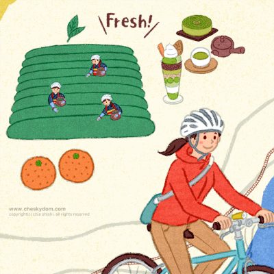 イラスト マップ 静岡 人物 自転車 茶畑 お茶 スイーツ みかん