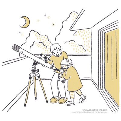イラスト 線画 シンプル 親子 夜 天体観測 星 月 望遠鏡 ベランダ 家