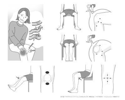 健康　ヘルスケア　ひざ　ひざの痛み　マッサージ　ストレッチ　医療　挿絵　イラスト