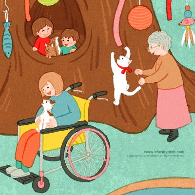 イラスト 女性 子供 高齢者 車椅子 猫 リス