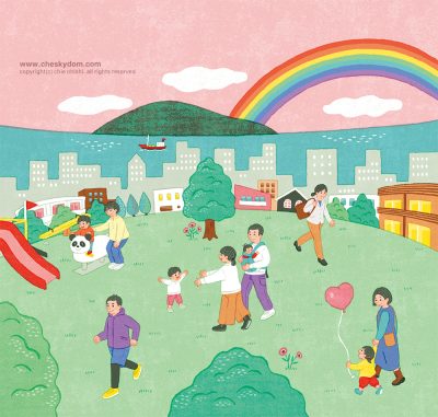 イラスト 表紙 子供 家族 親子 街並み 公園 海 島 虹