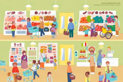 イラスト 俯瞰 人々 スーパーマーケット 食材 食べ物 アルファベット 教科書 英語