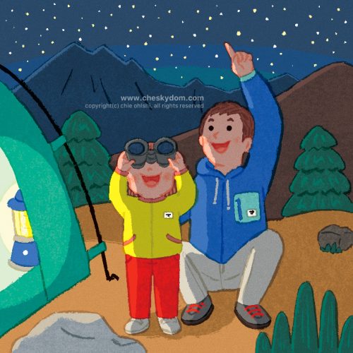 イラスト 親子 山 夜 星 キャンプ 双眼鏡 観察