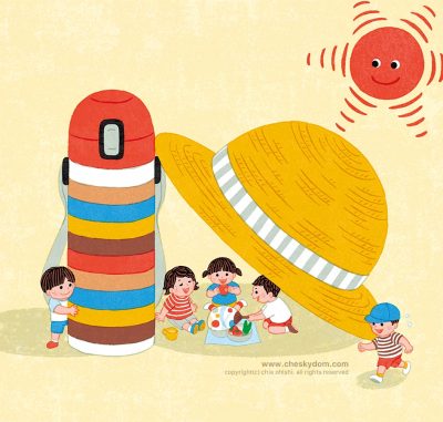 イラスト 子ども 夏 熱中症予防 日陰 水筒 帽子