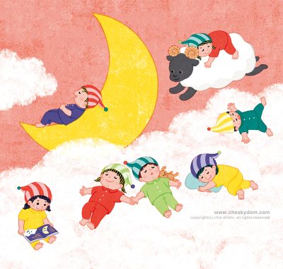 イラスト 子ども 睡眠 ファンタジー 空 雲 月 動物