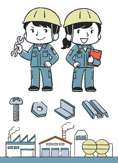 工場、人物、金属部品、建物