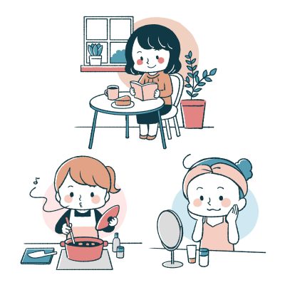 カフェで読書、料理、スキンケア