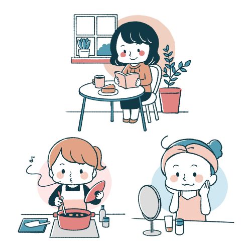 カフェで読書、料理、スキンケア