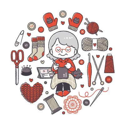 タブレットで編み物の勉強を楽しんでいるお婆さん