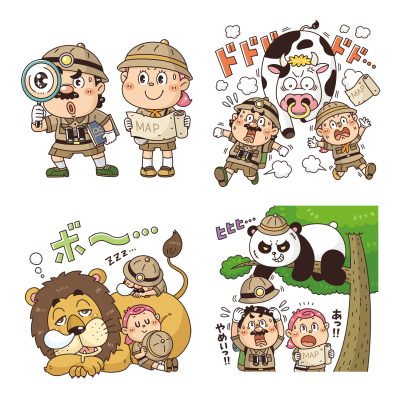 日経マネー」の扉絵イラスト。コミカルなタッチで探検隊や動物を描いています。株や投資について説明しています。