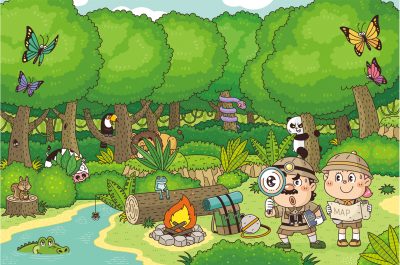 雑誌「日経マネー」の扉絵イラスト。コミカルなタッチで探検隊や動物を描いています。株や投資について説明しています。